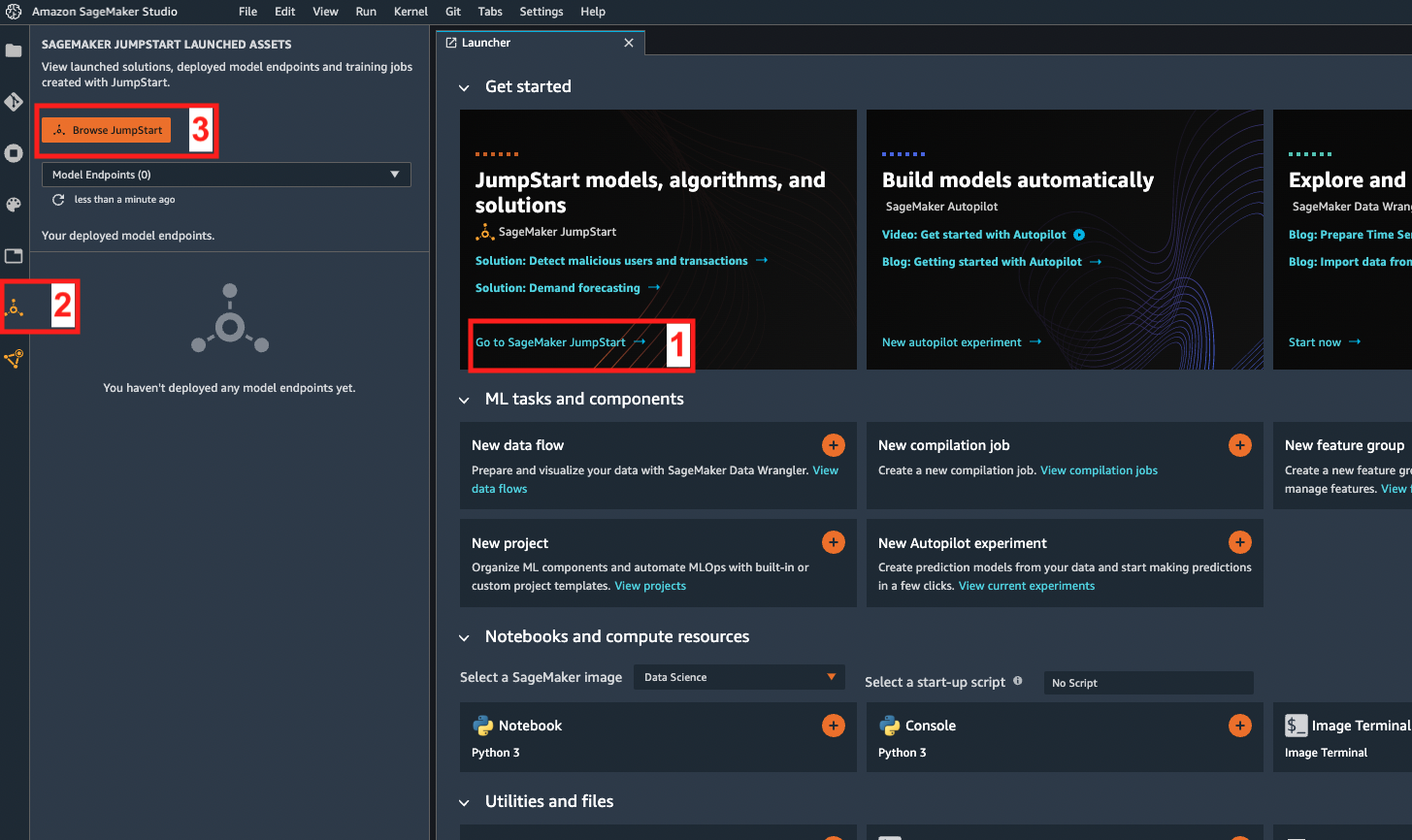 
          SageMaker Studio 接口 JumpStart 启动器 JumpStart 图标和浏览 JumpStart 按钮。
        