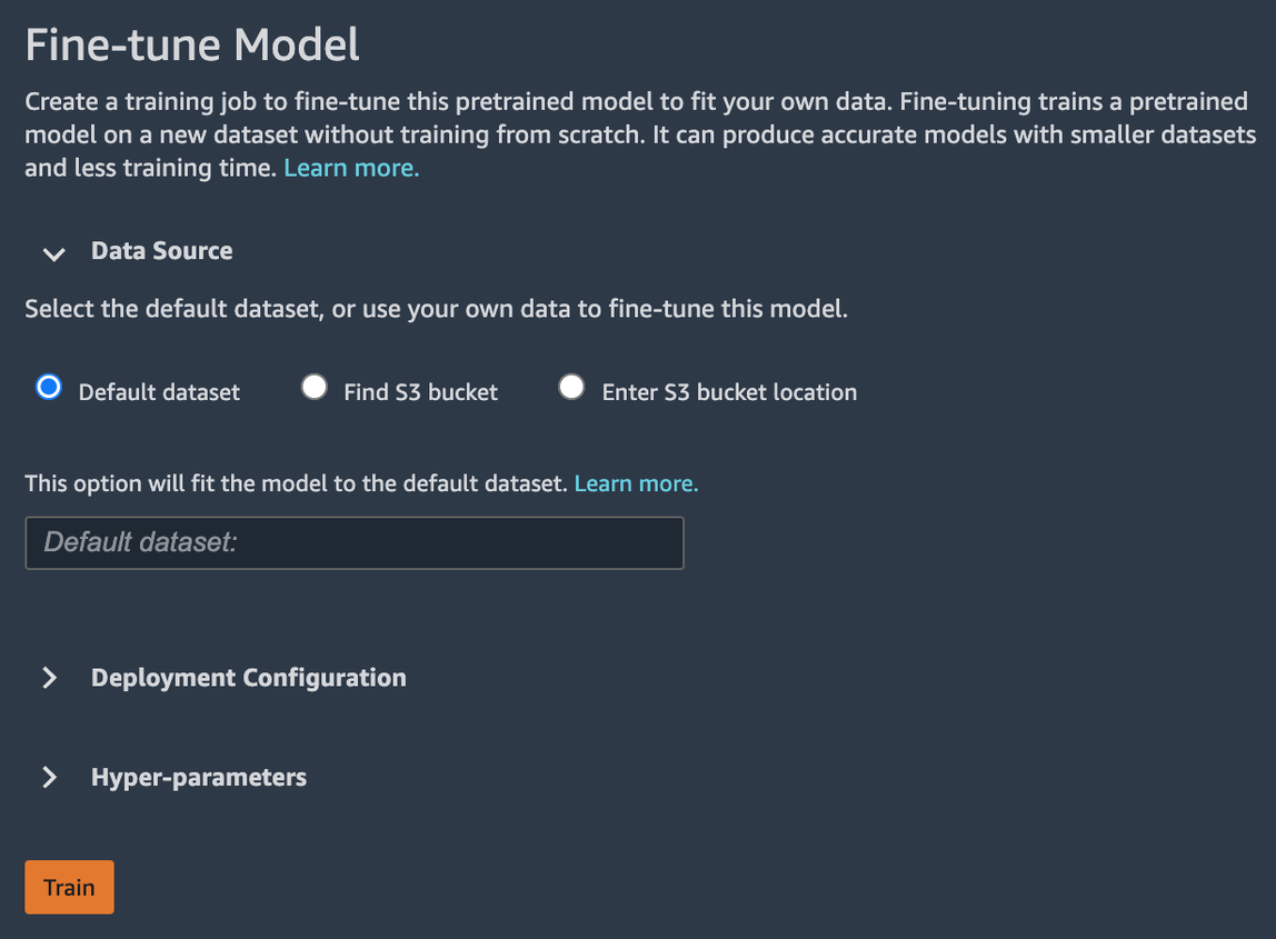 
      JumpStart data source settings with default dataset selected.
    