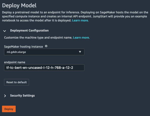 
          JumpStart Deploy Model pane with Deployment Configuration open to select its
            settings.
        