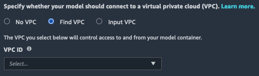 
              JumpStart Security Settings VPC section with Find VPC selected.
            