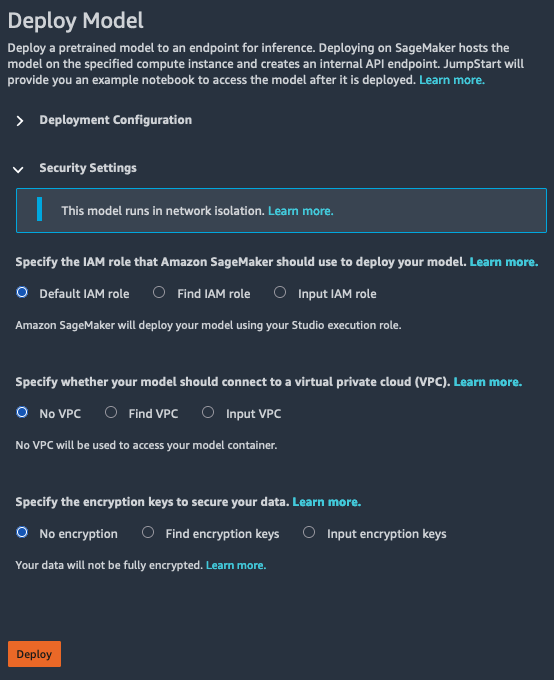 
          JumpStart Deploy Model pane with Security Settings open to select its
            settings.
        