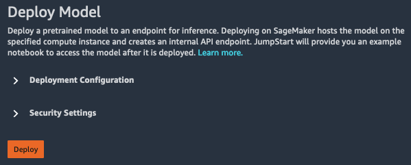 
          Deploy Model pane option to open settings for Deployment Configuration and Security Settings.
        