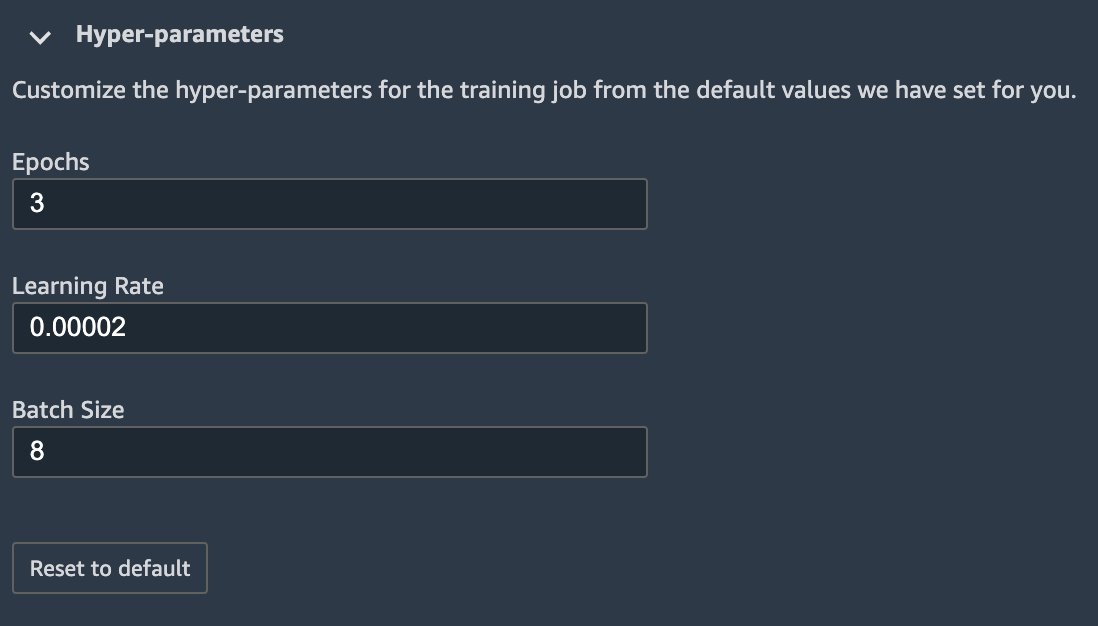 
          JumpStart Hyperparameter settings with values entered.
        
