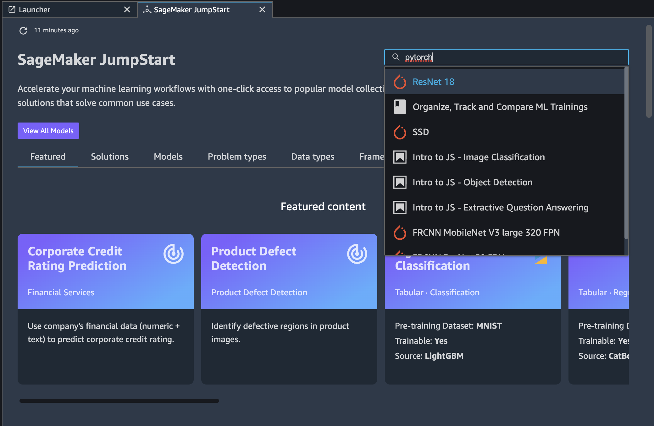 
      The SageMaker JumpStart landing page with search bar and autosuggest options.
    